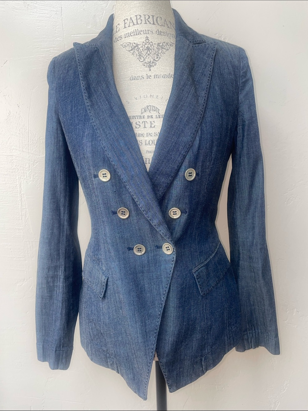 White House Black Market Women's Dark Blue Denim Double-Breasted Blazer